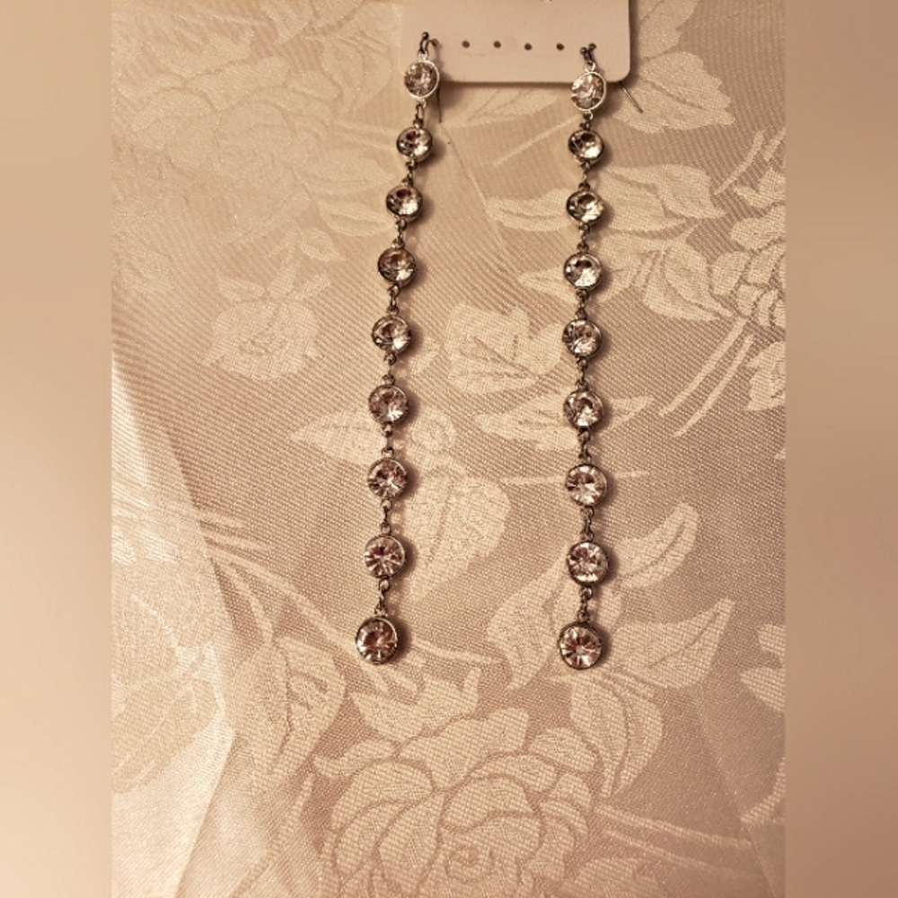 Vintage Rhinestone n Silvertone Dangle Earrings, 6" Brand New, Bling